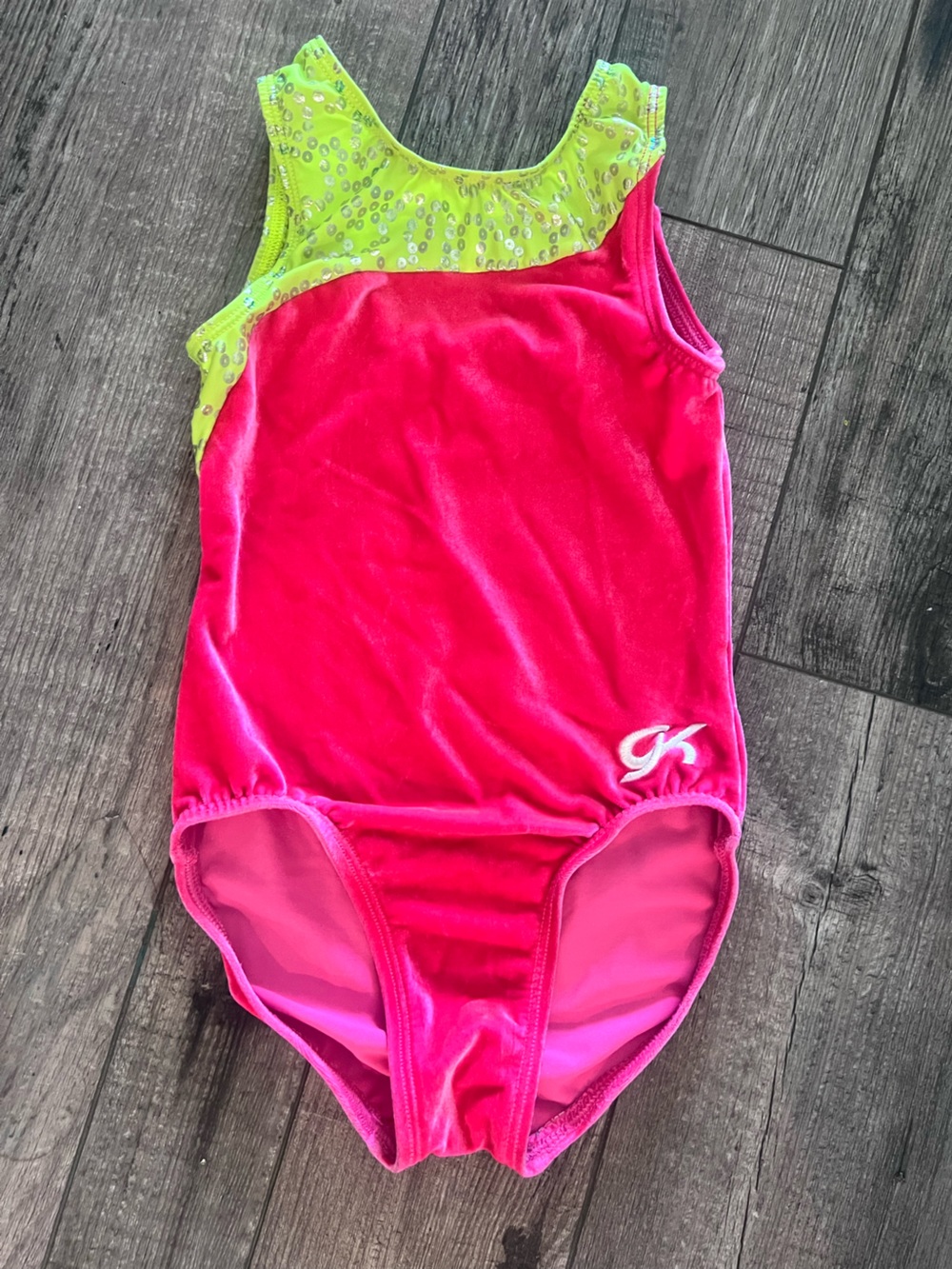 GK Neon Pink and Lime Green Velvet Gymnastics Leotard